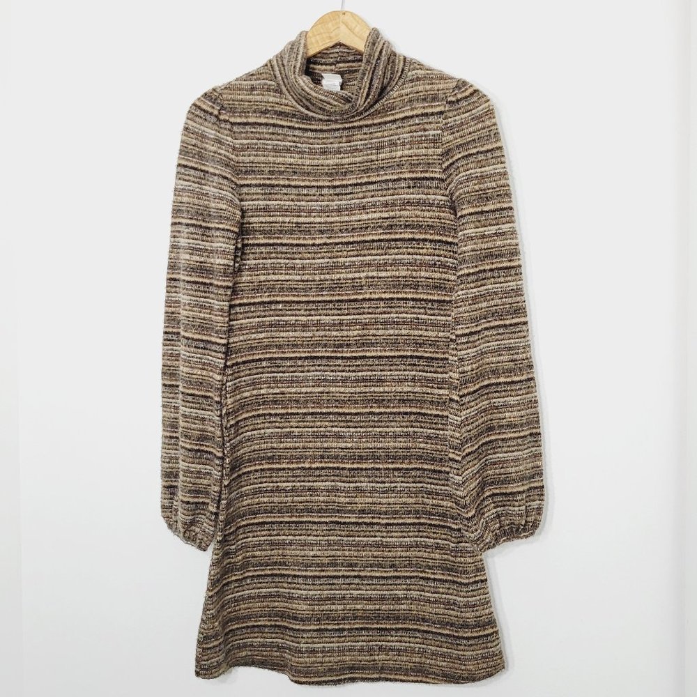 Sweater Dress Vintage Cowl Neck Long Sleeves Lightweight Brown Neutrals Stripes